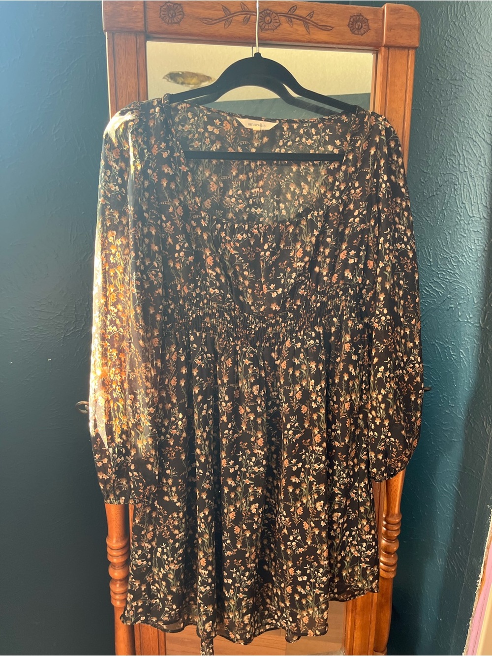 Amaryllis Black Floral Long-Sleeve Smocked-Waist Dress